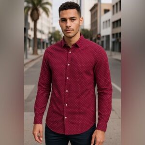 Men's S Modis Casual button down up Burgundy Polka Dot Shirt long sleeve dress